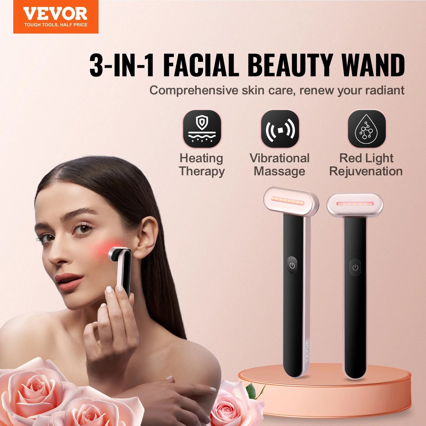VEVOR Red Light Therapy Wand for Face and Neck, 3-In-1 LED Facial Wand Red Light Therapy Device with Heating Therapy| Vibrating Facial Massage, Portable LED Beauty Wand